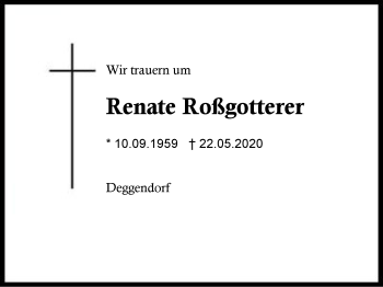 Traueranzeige von Renate Roßgotterer von Region Berchtesgadener Land