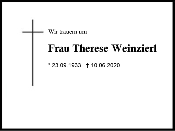 Traueranzeige von Therese Weinzierl von Region Berchtesgadener Land