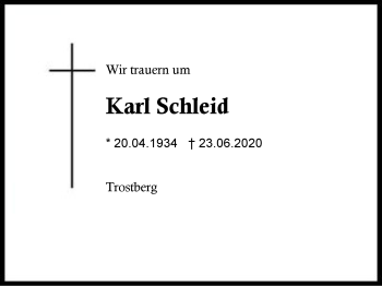 Traueranzeige von Karl Schleid von Region Berchtesgadener Land