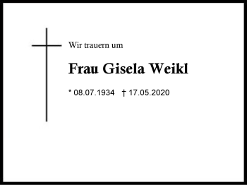 Traueranzeige von Gisela Weikl von Region Berchtesgadener Land