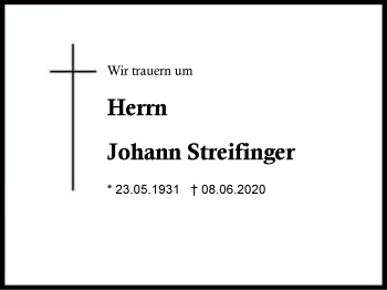 Traueranzeige von Johann Streifinger von Region Berchtesgadener Land