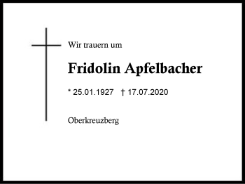 Traueranzeige von Fridolin Apfelbacher von Region Berchtesgadener Land