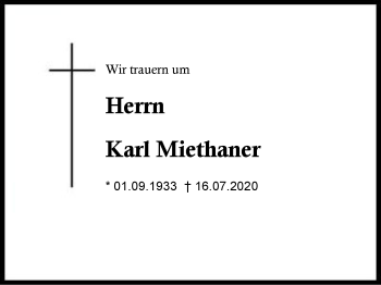 Traueranzeige von Karl Miethaner von Region Berchtesgadener Land