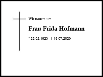 Traueranzeige von Frida Hofmann von Region Berchtesgadener Land