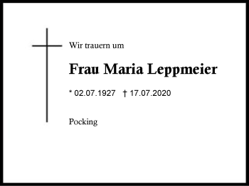 Traueranzeige von Maria Leppmeier von Region Berchtesgadener Land