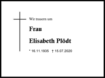Traueranzeige von Elisabeth Plödt von Region Berchtesgadener Land