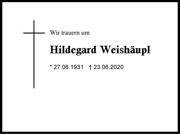 Traueranzeige von Hildegard Weishäupl von Region Berchtesgadener Land