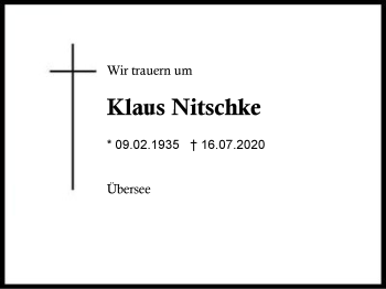 Traueranzeige von Klaus Nitschke von Region Chiemgau