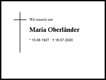 Traueranzeige von Maria Oberländer von Region Berchtesgadener Land