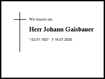 Traueranzeige von Johann Gaisbauer von Region Berchtesgadener Land
