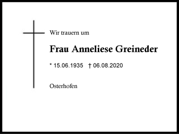 Traueranzeige von Anneliese Greineder von Region Berchtesgadener Land