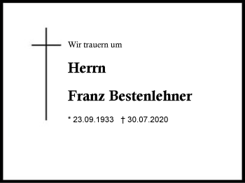 Traueranzeige von Franz Bestenlehner von Region Berchtesgadener Land