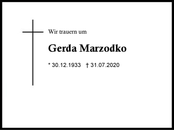 Traueranzeige von Gerda Marzodko von Region Berchtesgadener Land