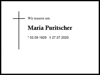 Traueranzeige von Maria  Puritscher von Region Berchtesgadener Land