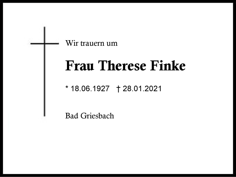  Traueranzeige für Therese Finke vom 31.01.2021 aus Region Berchtesgadener Land
