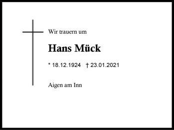 Traueranzeige von Hans Mück von Region Berchtesgadener Land