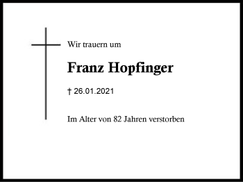 Traueranzeige von Franz Hopfinger von Region Berchtesgadener Land