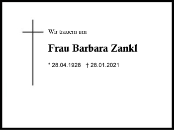 Traueranzeige von Barbara Zankl von Region Berchtesgadener Land