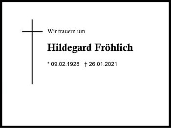Traueranzeige von Hildegard Fröhlich von Region Berchtesgadener Land