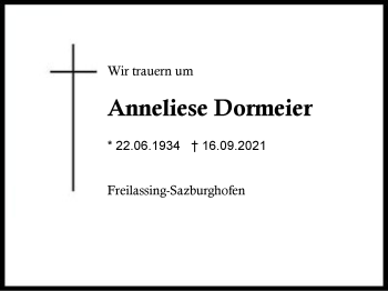 Traueranzeige von Anneliese Dormeier von Region Berchtesgadener Land