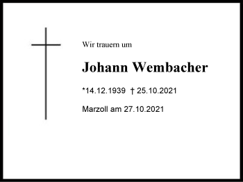 Traueranzeige von Johann Wembacher von Berchtesgaden