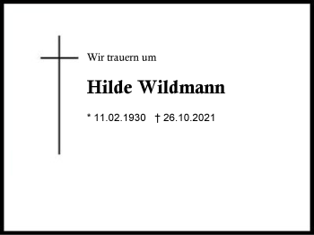 Traueranzeige von Hilde Wildmann von Region Traunstein
