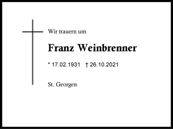 Traueranzeige von Franz Weinbrenner von Region Traunstein