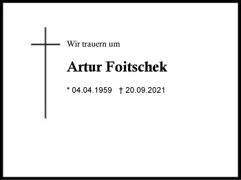 Traueranzeige von Artur Foitschek von Region Chiemgau