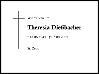 Traueranzeige von Theresia Dießbacher von Region Berchtesgadener Land