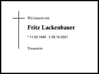 Traueranzeige von Fritz Lackenbauer von Region Chiemgau
