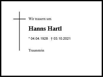 Traueranzeige von Hanns Hartl von Region Chiemgau