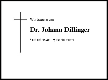 Traueranzeige von Johann Dillinger von Region Chiemgau