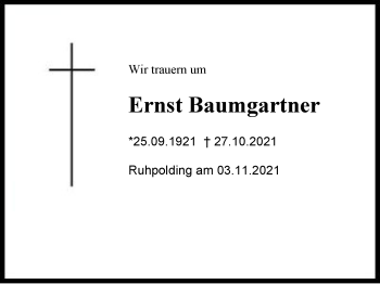 Traueranzeige von Ernst Baumgartner von Chiemgau