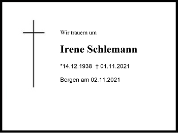 Traueranzeige von Irene Schlemann von Chiemgau