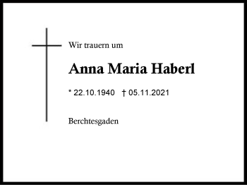 Traueranzeige von Anna Maria Haberl von Region Chiemgau