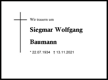 Traueranzeige von Siegmar Wolfgang Baumann von Region Traunstein