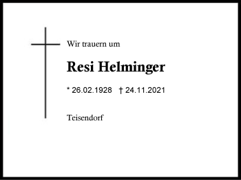 Traueranzeige von Resi Helminger von Region Chiemgau