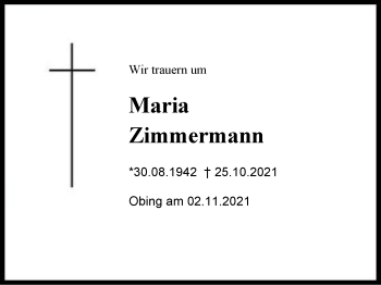 Traueranzeige von Maria Zimmermann von Chiemgau