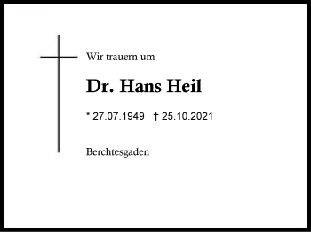 Traueranzeige von Hans Heil von Region Chiemgau