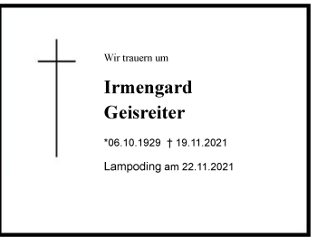 Traueranzeige von Irmengard Geisreiter von Chiemgau