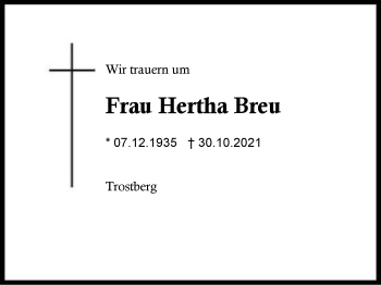 Traueranzeige von Hertha Breu von Region Traunstein