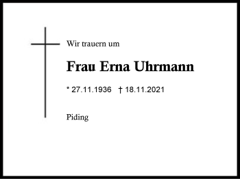 Traueranzeige von Erna Uhrmann von Region Berchtesgadener Land