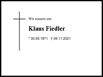 Traueranzeige von Klaus Fiedler von Region Traunstein