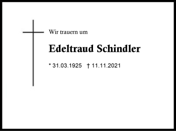 Traueranzeige von Edeltraud Schindler von Region Traunstein