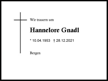 Traueranzeige von Hannelore Gnadl von Region Chiemgau