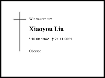 Traueranzeige von Xiaoyou Liu von Region Traunstein