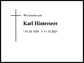 Traueranzeige von Karl Hinterseer von Region Berchtesgadener Land