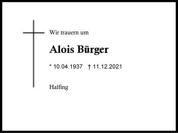 Traueranzeige von Alois Bürger von Region Traunstein