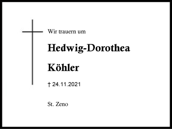 Traueranzeige von Hedwig-Dorothea Köhler von Region Berchtesgadener Land