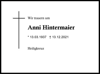 Traueranzeige von Anni Hintermaier von Region Traunstein